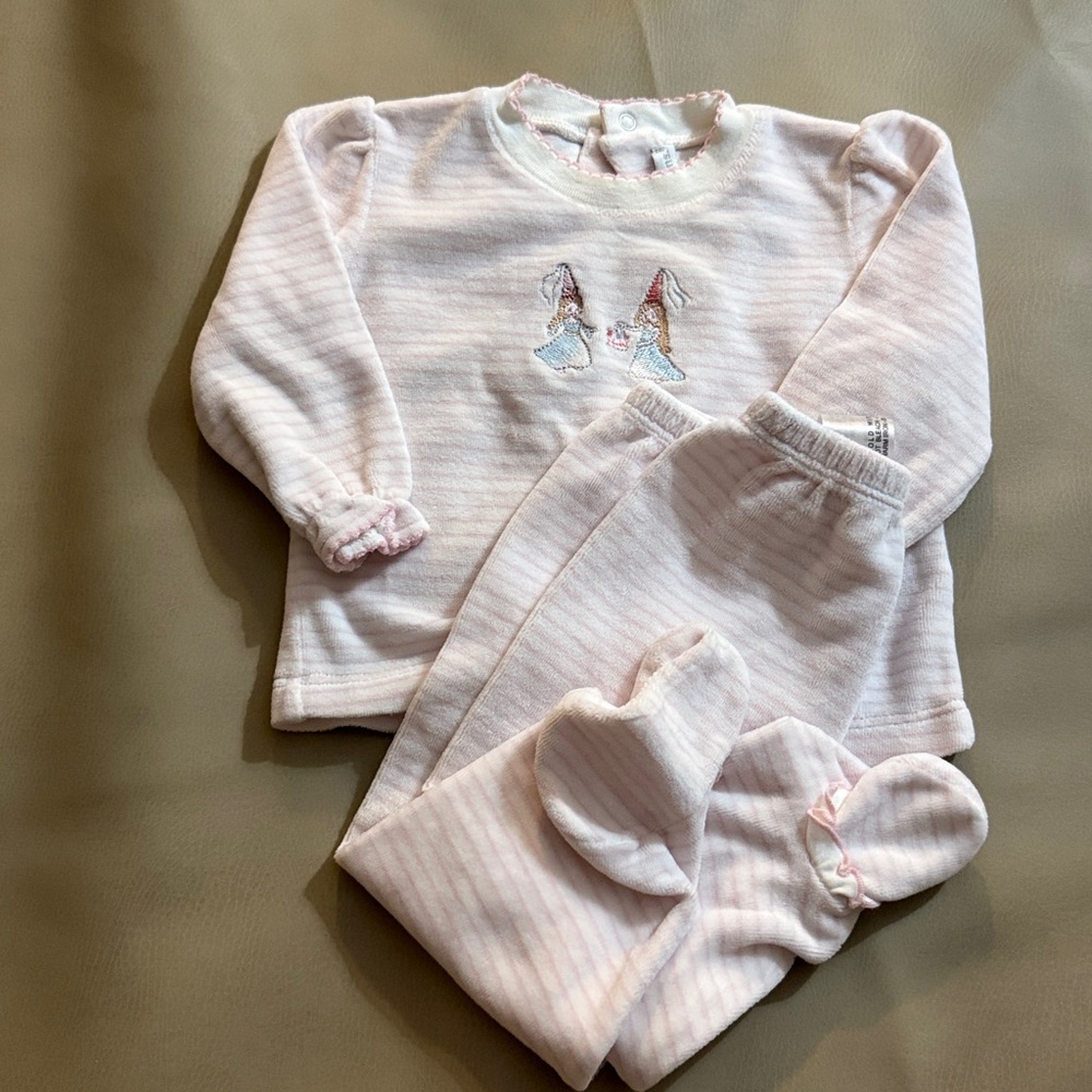 Babycotton baby girl pink strip embroidered girls matching footie set